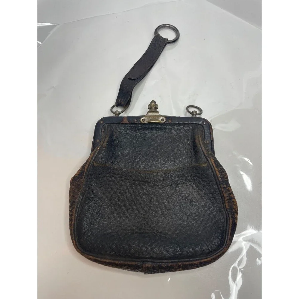 victorian Antique Chatelaine Silver Latch black Leather Purse 1890s